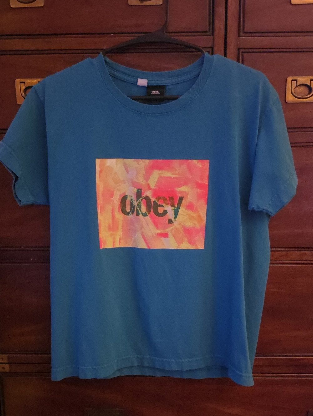 Obey Teal Short-Sleeve Tee with Multicolor Painted Logo